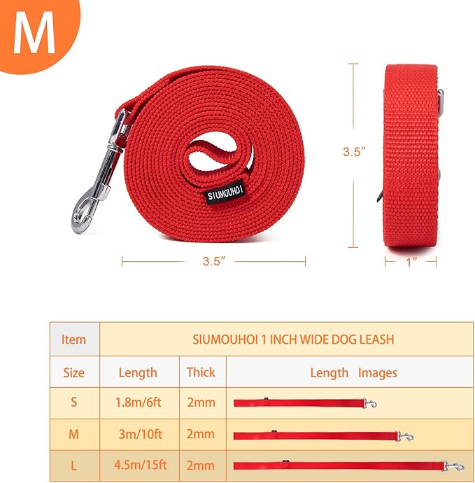 Strong Durable Nylon Dog Training Leash, 1 Inch Wide Traction Rope, 6 ft 10ft 15ft Long, for Small and Medium Dog (Red, 10 Feet)