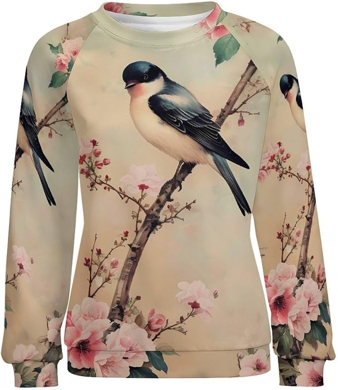 Womens Long Sleeve Tops Y2k Japanese Art Print Sweatshirts Fall Pullover for Women Crewneck Vintage Shirts Boho Tops