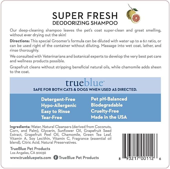 TrueBlue Grapefruit & Chamomile Concentrated Deodorizing Dog Shampoo – Cleansing Wash, Moisturizing – Toxin Free, Natural Botanical Blend – Tearless – 1 Gallon