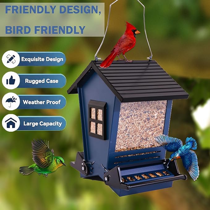 LSCQYYCCSquirrel Proof Bird Feeders for Outdoors Hanging, 5LB Capacity Metal Wild Birdfeeders Outside Hanging,Large Feeder That Attracts Cardinals, Chickadees, and More Birds-One in Blue