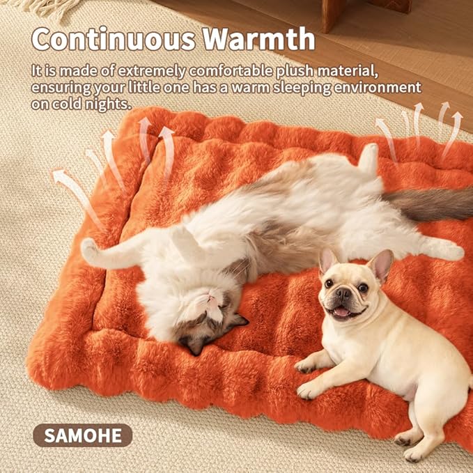 Cat Beds for Indoor Cats Faux Fur Pet Pad Mat Plush Kitten Bed with Non-Slip Bottom for Carriers/Couch Dog & Puppy Friendly 35 x 27 Inch X-Large Orange