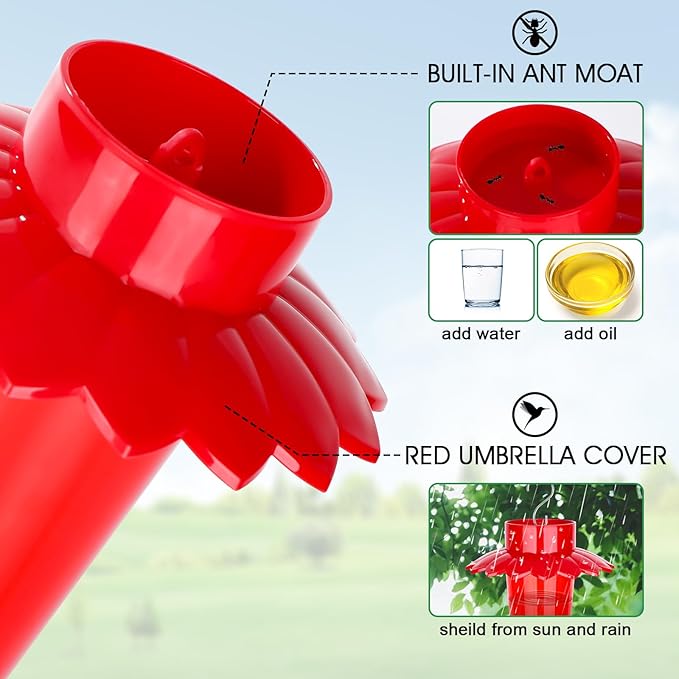 Plastic Hummingbird Feeders for Outdoors Hanging, 2 Pack 10 OZ Red Humming Bird Feeder with 6 Feeding Ports and Perch, Built-in Ant Moat, Gifts for Women Garden Decor