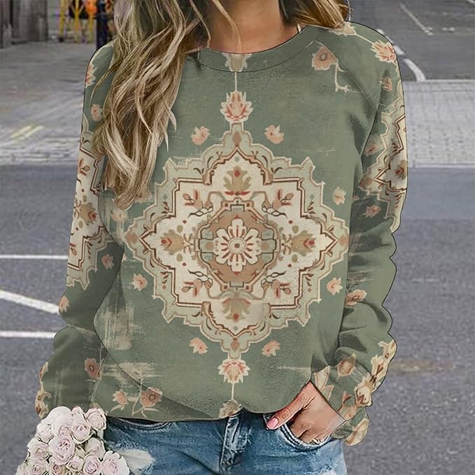Womens Long Sleeve Tops Y2k Japanese Art Print Sweatshirts Fall Pullover for Women Crewneck Vintage Shirts Boho Tops