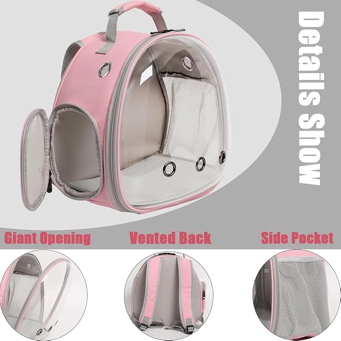 halinfer Small Bird Travel Backpack Carrier Cage with Cups, Backpack to Transport Backpack Carrier with Clamp Cups Stand Perch for Parakeet Cockatiel Budgies Vet Carry Book Bag Pink