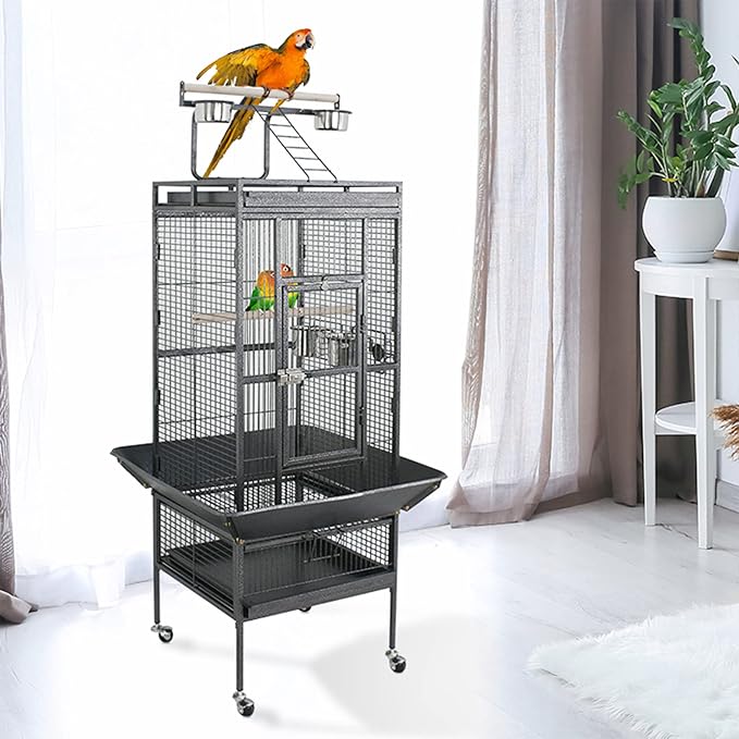 ZENY 61-inch Playtop Parrot Bird Cages, Wrought Iron Large Birdcage with Rolling Stand for Parakeet Cockatiels Quaker Conure Lovebird Finch Canary Small Medium Parrot Cage Birdcage (Black)