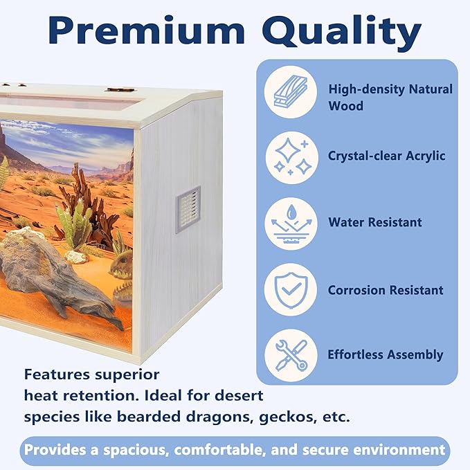 Prolee Reptile Terrarium, Lizard Tank Up to 68 Gallons, Bearded Dragon Tank with Roof Door, Snake Tank with Built-in Lamp Fixture and Switch (62 Gallon, 40" Long, Openable Wood Roof)