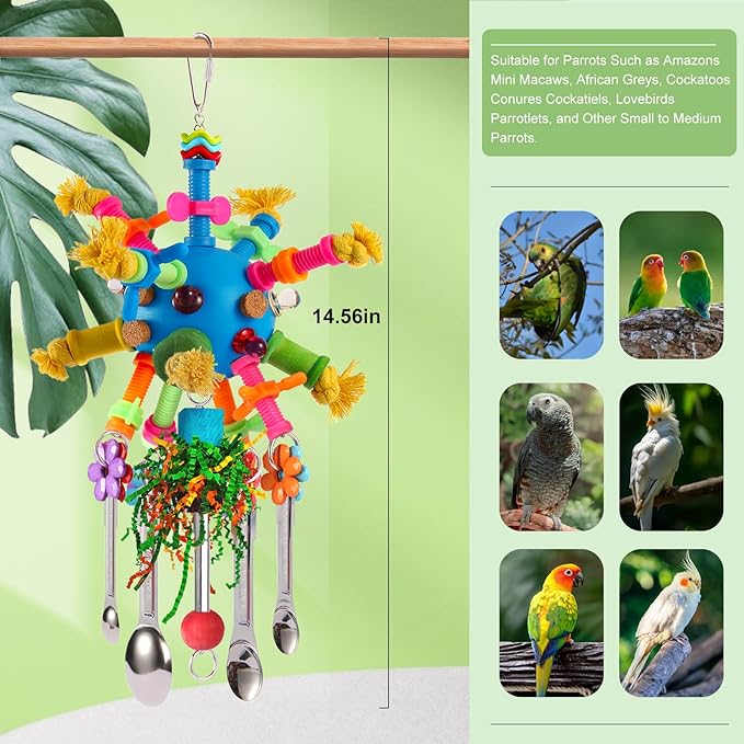 Parrot Toys Bird Toys Perch Pullable Stainless Steel Spoons Colorful Acrylic Stick Chew Toys for Amazons Mini Macaws African Greys Cockatoos Conures, Cockatiels, Lovebirds, Parrotlets and Other (blue)