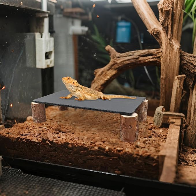 Bearded Dragon Basking Platform, Slate Rocks for Reptiles with Wooden Pile, Leopard Gecko Hides and Caves, Reptile Tank Accessories for Bearded Dragons, Geckos, Ball Pythons, Tortoise (Black, Large)