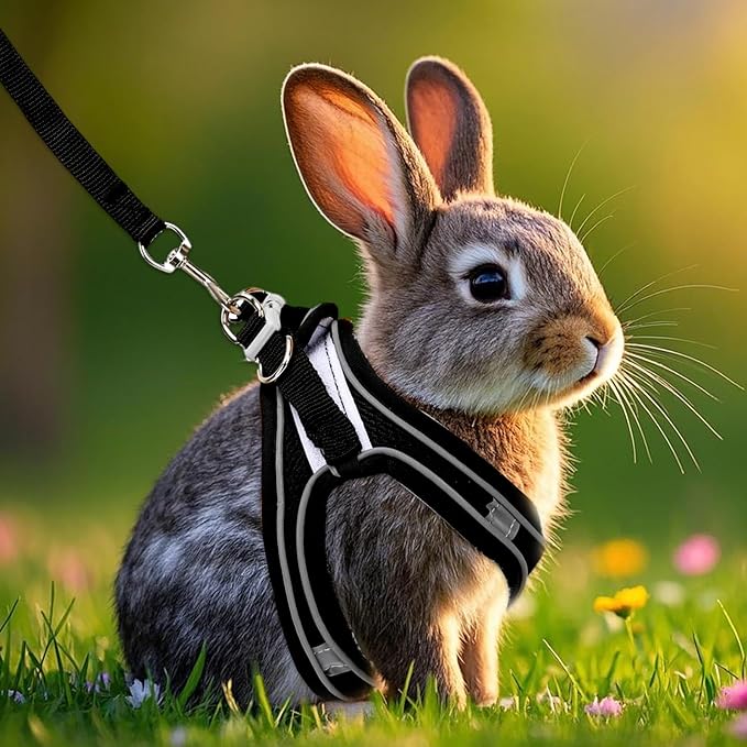 2 Pack Rabbit Harness and Leash Set, Double Buckle Bunnies Harness with Reflective Strips Soft Breathable Mesh Vest Harness for Rabbits Walks Accessories(Blue and Black)