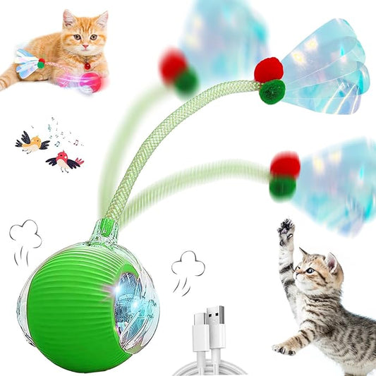 Interactive Cat Toys for Indoor Cats, Automatic Cat Toy with Elastic Mesh Tail, Electric Rolling Ball on Carpet, Chirping and Motion Activate Cat