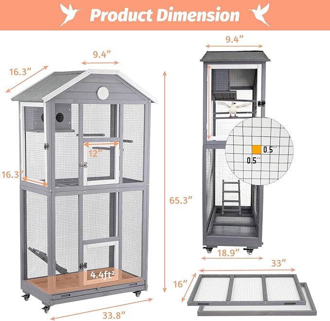 Outdoor Bird Cage Large, Wooden Flight Aviary with Perches, Nest Habitat, and Easy-Clean Pull Out Tray for Parakeets, Macaws, and More