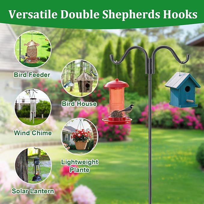 Double Shepherds Hooks for Outdoor, 94 Inch Adjustable Bird Feed Pole with 5 Prongs Base, Heavy Duty Shepherds Hook for Bird Feeder, Bird House, Light Plant, Wind Chime, Hummingbird Feeder, Lantern