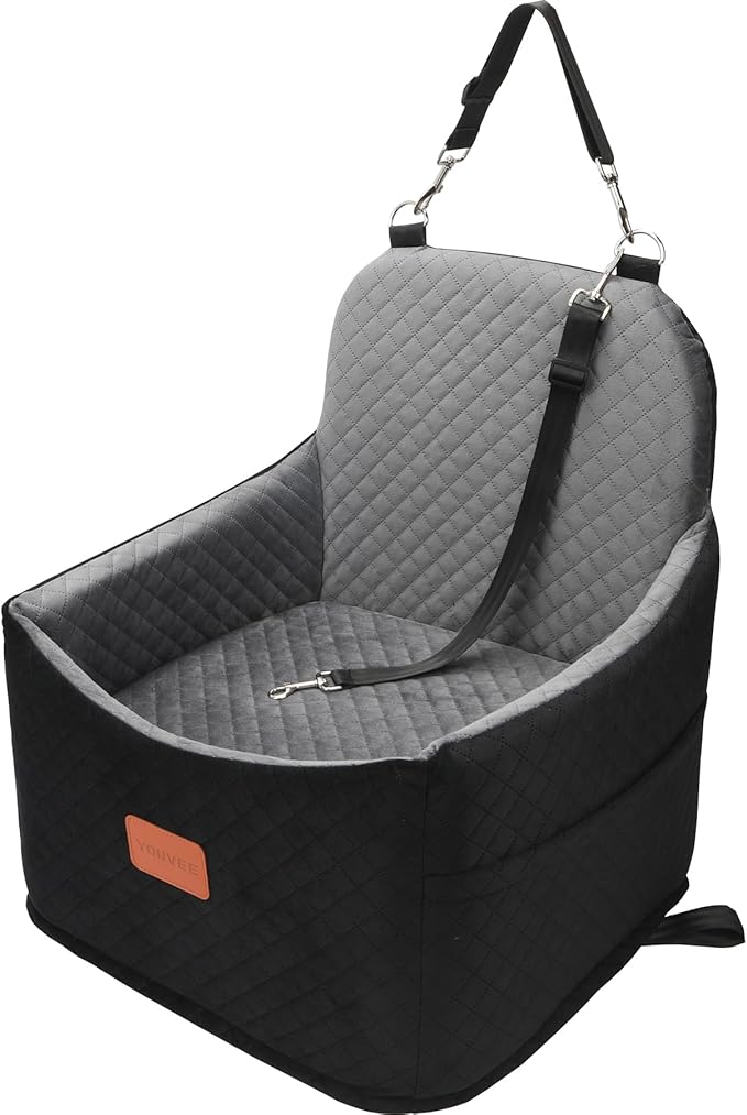 Youvee Dog Booster Car Seat - 6" Elevated Pet Car Seat for Small Dogs up to 30 lbs, Comfortable, Storage Pocket (Black Outside, Grey Inside)
