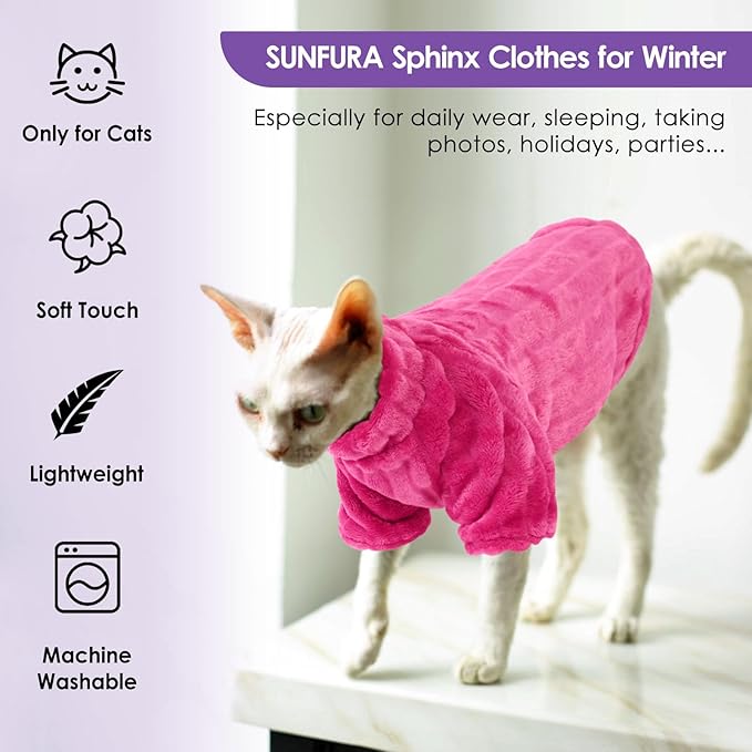 SUNFURA Sweaters for Cats, Hairless Sphynx Sweater Kitten Pullover with Sleeves, Warm and Soft Cat Pajamas Fleece Sweatshirt Jumpsuit, Turtleneck Clothes for Fall Winter, Hot Pink S