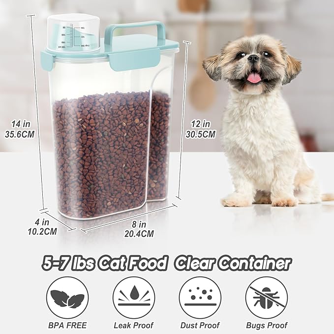 5-7LBS Dog Cat Storage Container Portable with Upgraded Large Spout and Cup, Plastic Pet Food Dispenser for Small Animal Kibble, Bird Seed, Oatmeal, Rice, Flour, Brown Sugart-2 Pack Sky Blue