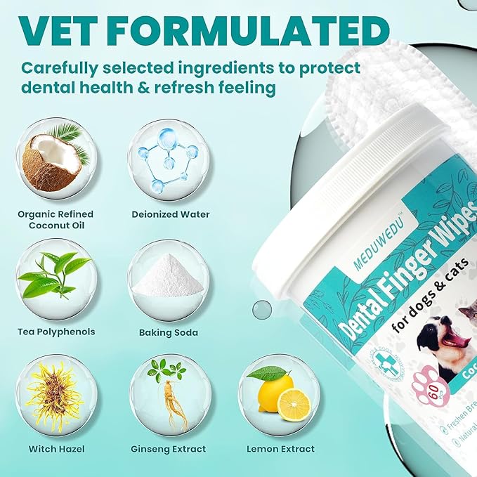 Wider Dental Care Finger Wipes 60 Counts,Teeth Cleaning Finger Wipes for Dogs & Cats,Reduces Plaque & Supports Oral Freshness, Small Animal Stain Removers, Coconut Scent