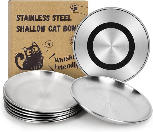 Supet Cat Plates for Wet Food, Non Slip Food Bowls Whisker Friendly, Stainless Steel Shallow Wide Dishes for Indoor Cats (13Oz, 8Pcs)