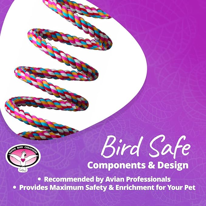 Super Bird Creations SB325 Large Bungee Bird Toy - Rope Perch for African Greys, Parrots, Small Cockatoos, Amazons - Colorful Hanging Perch - Enriching Bungee Toy for Large Birds & in Bird Cages