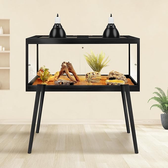 Prolee Tempered Glass Reptile Enclosure with Leg,32“ Scratch-Proof Bearded Dragon Tank,32 Gallon Lizard Tank with Metal Mesh Tops and Lockable Door,Spacious Reptile Habitat for Snake,Tortoises (Black)