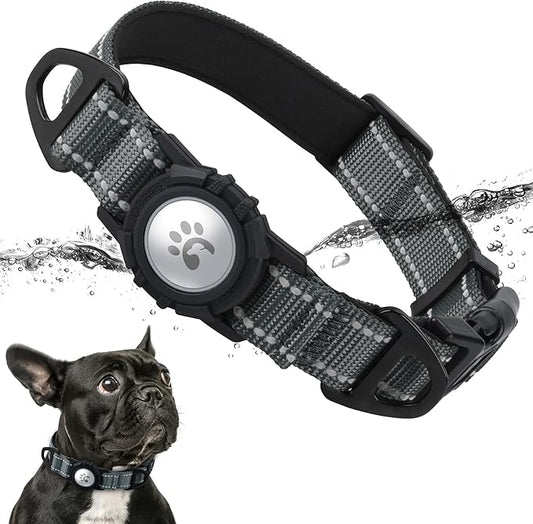 TagME Airtag Dog Collar,Waterproof Reflective Pet Collar with Airtag Holder,Soft Padded and Double D-Rings for Puppy,Grey