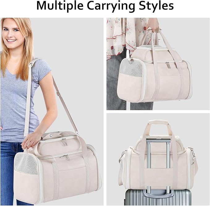 Premium Leather Top Expandable Pet Carrier for Small Dogs & Cats Under 15 lbs, Airline Approved Collapsible Soft-Sided Luxury Travel Bag Beige