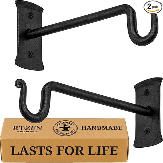 RTZEN Plant Hangers Outdoor or Indoor - Wrought Iron Metal Hanger Indoor Hook - Heavy Duty Wall Bracket Hooks for Hanging Plants Baskets Lanterns Wind Chimes - 2 Pack (Black Shepherds Hooks)