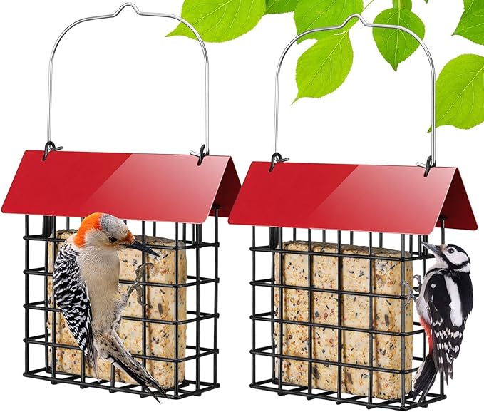 Veehoo 2Pcs Suet Bird Feeder for Outside Hanging with Metal Roof-Suet Cakes Cage Bird Feeder for Outdoors Hanging, Outdoor Garden Wild Bird Feeder Suet Holder, Woodpecker Feeder, Red