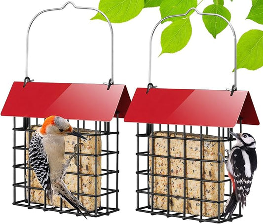 Veehoo 2Pcs Suet Bird Feeder for Outside Hanging with Metal Roof-Suet Cakes Cage Bird Feeder for Outdoors Hanging, Outdoor Garden Wild Bird Feeder Suet Holder, Woodpecker Feeder, Red