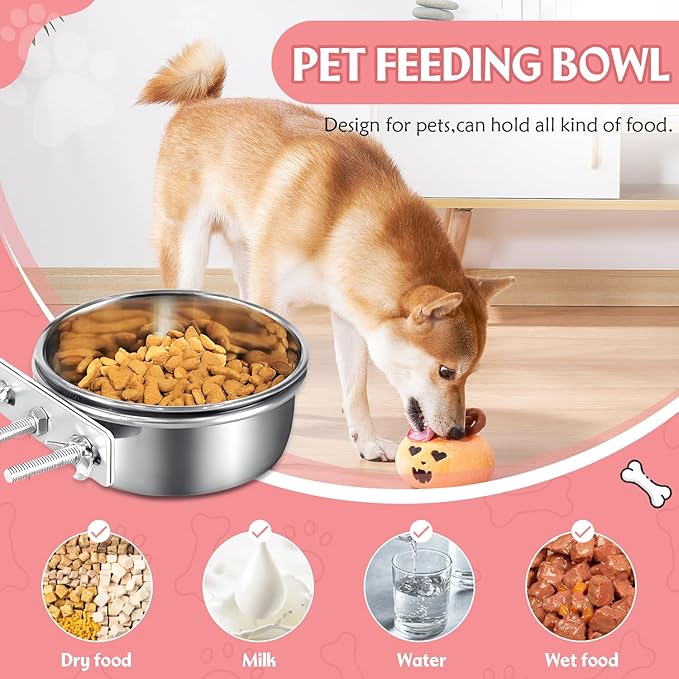 Large 2 Packs Hanging Water Bowls for Dog Crate Stainless Steel Kennel Water Bowl No Spill Adjustable Dog Water Dish for Medium Large Dogs Huge Pets (7.1 * 4.3”& 6.3 * 2.3”)