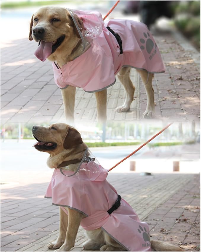 Waterproof Dog Raincoat, Reflective Adjustable Hooded Dog Rain Coat, Lightweight Breathable Pet Rain Jacket Poncho Double Layer with Leash Hole for Small Medium Large Dogs (Pink, X-Large)