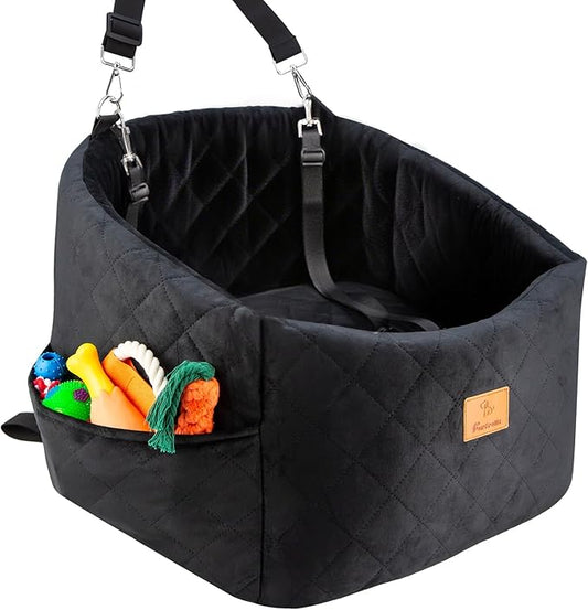 Dog Car Seat for Small/Medium, Memory Foam Dog Booster Car Seats with Thick Cushion for Dogs Under 30lbs, Detachable Washable Pet Travel Bed with Storage Pockets & 2 Safety Belt