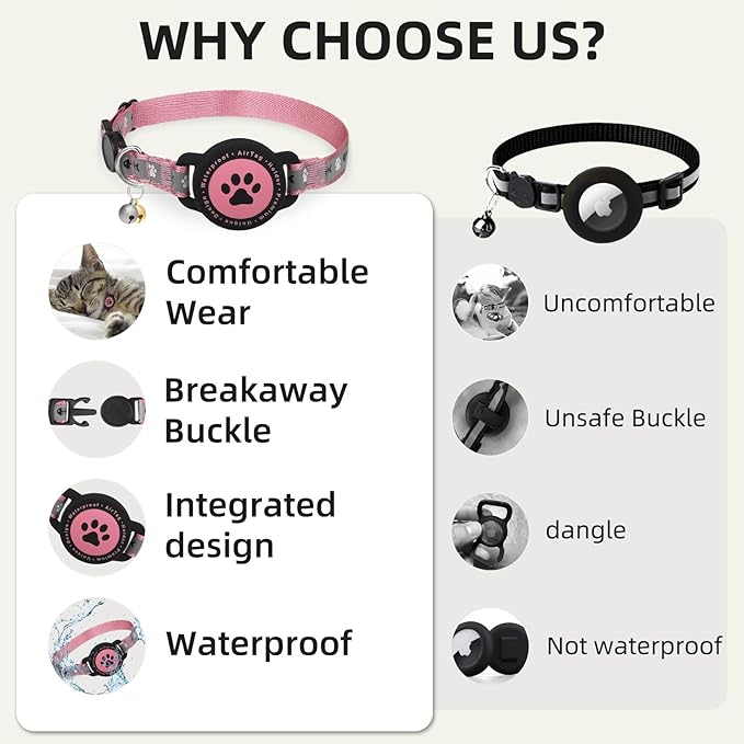 Waterproof Airtag Cat Collar, Reflective With Bell, Breakaway Holder, Lightweight for Apple Air Tag, GPS Collars for Girl Boy Cats, Kitten (Pink)
