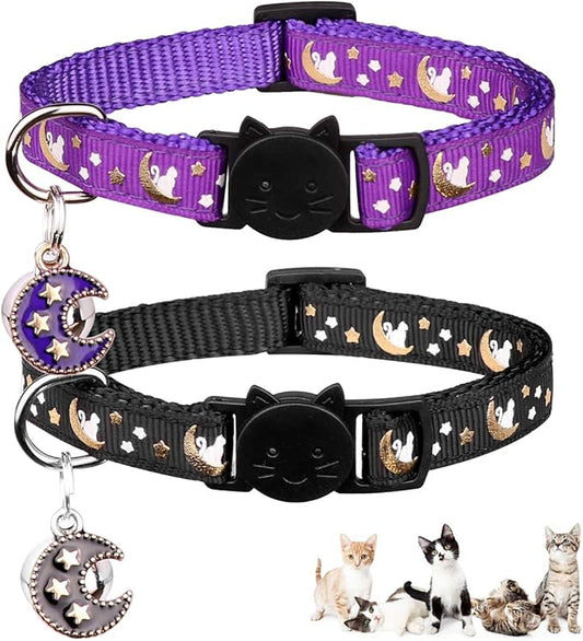 2Pcs Breakaway Cats Collars Cat Collars for Boy & Girl Cats Adjustable Kitten Collars with Bell,Purple+Black,8"-13.1"