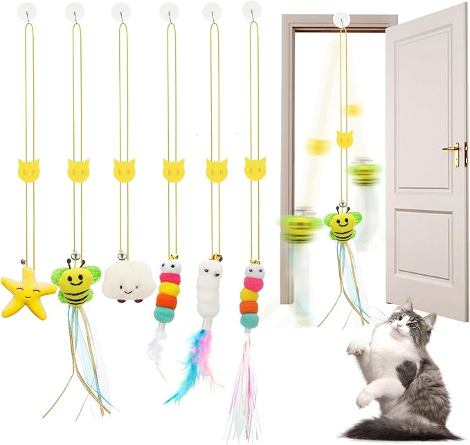 6 PCS Interactive Cat Feather Toys, Indoor Hanging Retractable Cat Toy, Self Play Toys Make Fun Excecise