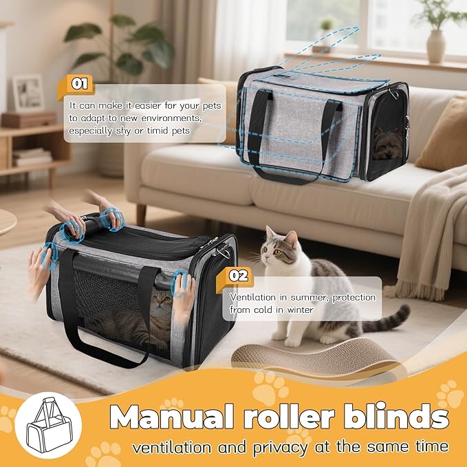 YUDODO 25 lbs Lightproof Soft Sided Large Cat Carrier for Small Dog Pet Airline Approved Travel Bag Puppy Carriers with Side Pockets & Reflective Mesh, Foldable Portable for Outdoor Car Grey