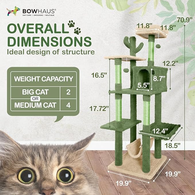 CAPHAUS Cactus Cat Tree for Indoor Cats, Cute 70-Inch Cat Climbing Play Tower with Top Perch for Large Cats Kittens, Multi-Level Cat Activity Tree with Scratching Posts, Hammock, Cat Cave Condo