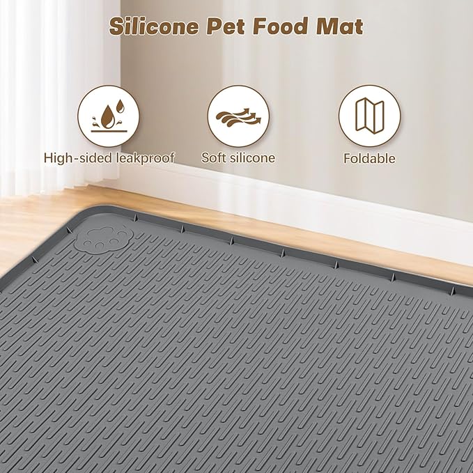 Cat Food Mat, 34" x 22" Large Silicone Pet Feeding Mat for Food and Water Bowls Non-Slip, Easy to Clean (Dark Grey)