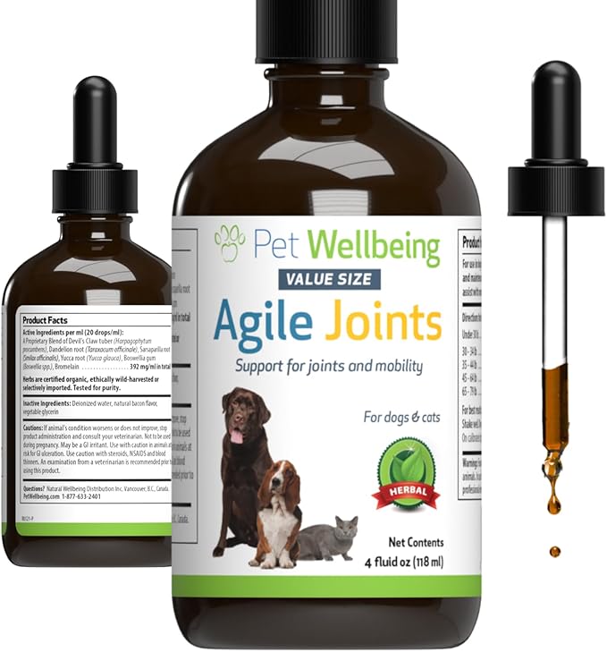 Pet Wellbeing Agile Joints for Dogs - Hip and Joint Health, Mobility, Devil’s Claw, Boswellia, Joint Ligament and Cartilage - Veterinarian-Formulated Herbal Supplement 4 oz (118 ml)