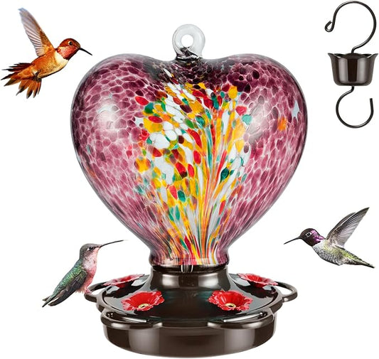 Hand Blown Glass Hummingbird Feeder for Outdoors All Season Use - 28 Fl. Oz. Leak Proof Hummingbird Feeder with Rust Proof Base - Includes Ant Moat, Ant & Bee Proof (Purple)