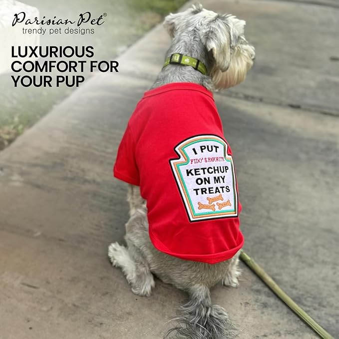 Parisian Pet Dog Shirt - Embroidered “I Put Ketchup on My Treats“ - 100% Cotton and Polyester Dog Clothes - Sleeved, Lightweight Costume for Dogs - Red Dog Shirts for Large Dogs - Pet Costumes - 3XL
