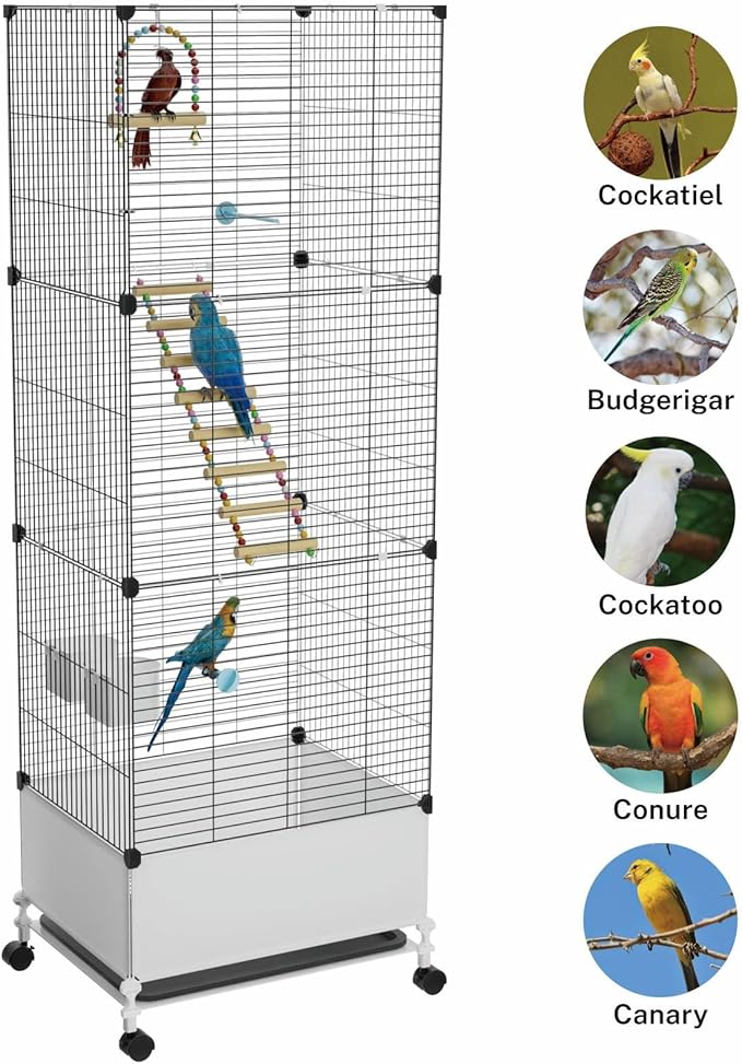 Extra Large Bird Cage, Black Parakeet Cages with Rolling Stand & Wheels, Wide Birdcage for Parrots Cockatiels Conure Budgie Canary Finch Lovebird