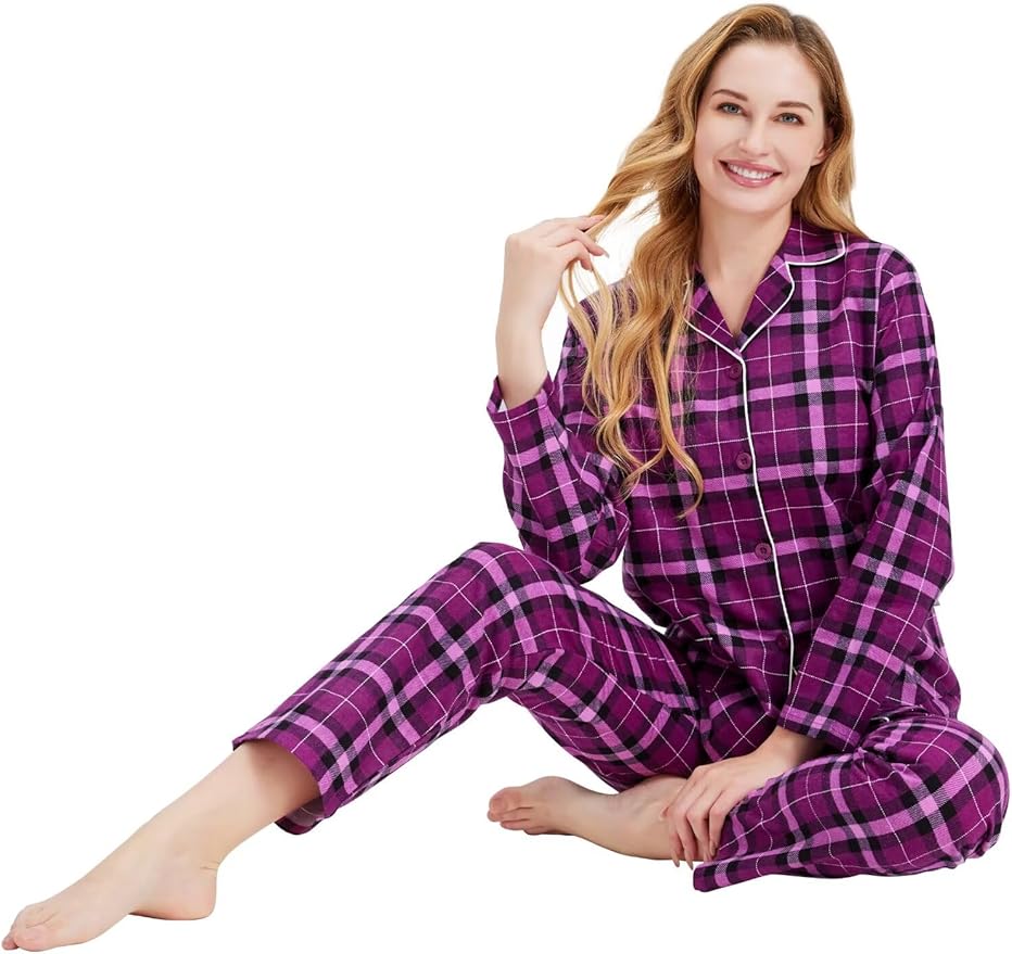 GLOBAL Flannel Pajamas for Women 2-Piece Comfy and Cozy Flannel Pj Set Cotton Loungwear