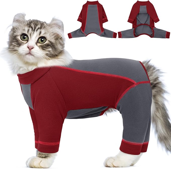SUNFURA Hair Sticky Cat Clothes, Cat Sweater for Cats Only, 4-Legged Fleece Sweaters Kitten Pajamas Reduce Shedding Fur, Warm Pullover Shirts for Cats, Red S