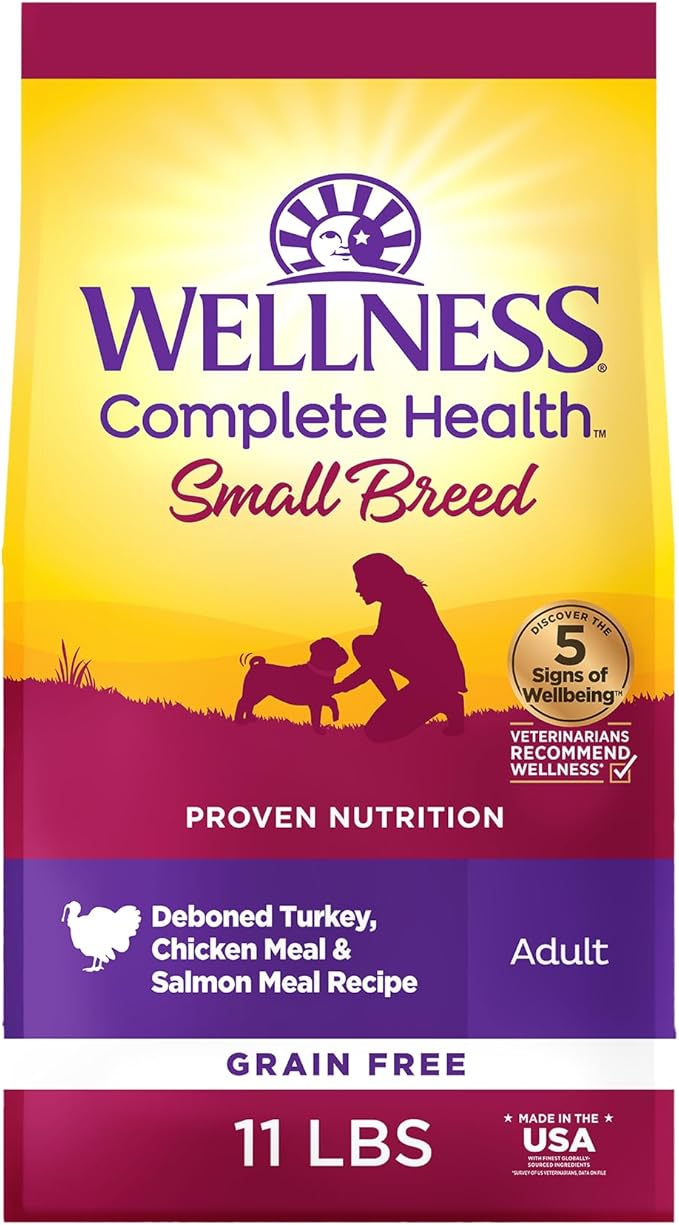 Wellness Complete Health Dry Dog Food, Small Breed, Grain Free, Natural, Turkey, Chicken, & Salmon Recipe (11-Pound Bag)