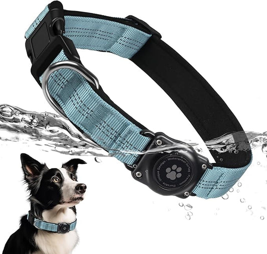 Upgraded AirTag Dog Collar, IP68 Waterproof Air Tag Dog Collar Holder, Reflective, Ultra-Durable, Comfortable Padded, Heavy Duty Dog Collars for Small Medium Large Dogs (M (12.6"-17.1"), LightBlue)