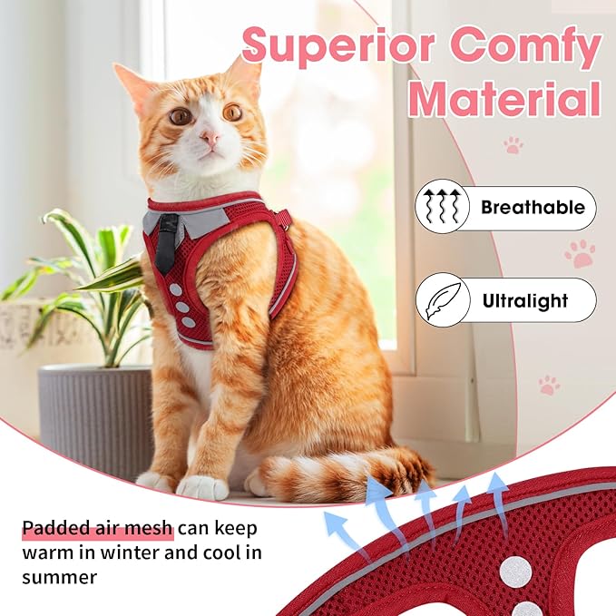 Cat Harness and Leash Set for Walking Escape Proof, Soft Adjustable Kitten Harness Breathable Mesh with Reflective Strips Harness for Kitty Puppy Bunny(Red,S)