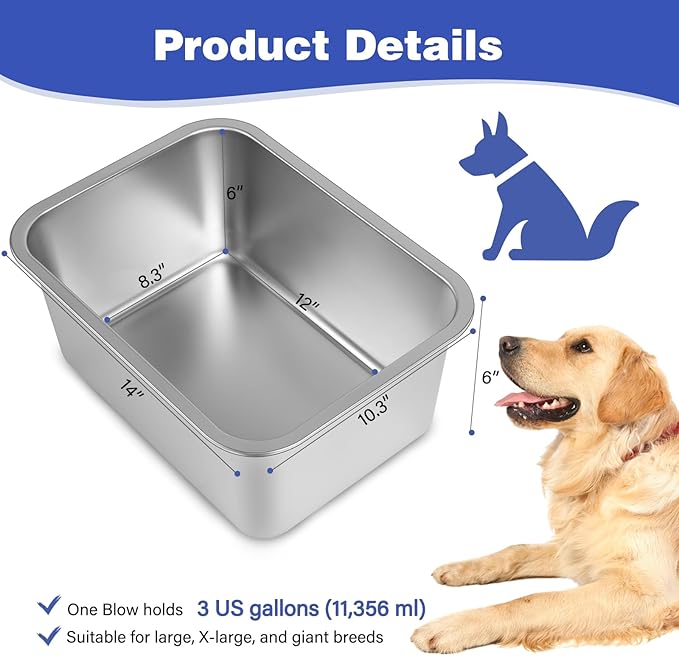 3 Gallons Large Dog Water Bowl, Stainless Steel Metal Dog Bowls, Large Capacity Pet Food Bowl Water Dish for Indoor and Outdoor Universal for Medium to Giant Dogs