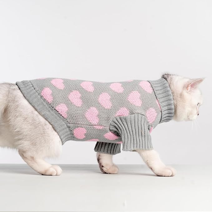 KOOLTAIL Cat Sweater Turtleneck- Soft Knit Cat Sweaters for Cats Only, Heart Love Pattern Thick Warm Cold Weather Clothes, Valentine's Day Pet Outfit for Small Medium Large Size Kitten Puppy Grey S