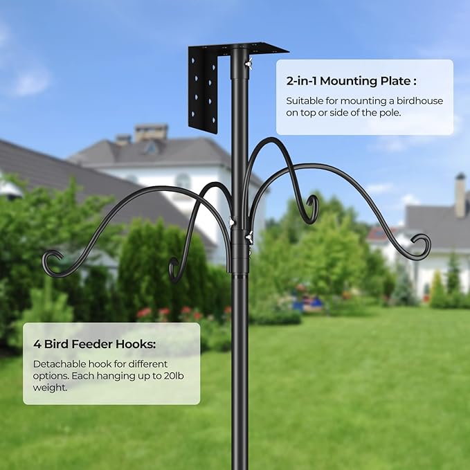 92 Inch Bird House Pole for Garden, Optimech Bird Feeder Poles with Squirrel Proof Baffle 4 Shepherd Hooks,Heavy Duty Stand 5-Prong Anchor Feeding Station (Bird House NOT Included)