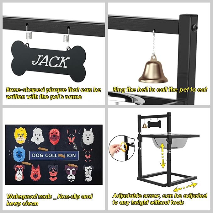 1.6Gallon Elevated Dog Water Bowl for Large Dogs, Height Adjustable (10-17.8in) Raised Stainless Steel Bowl with Spill-Proof Mat & Sturdy Metal Stand, Easy-Clean Feeder for Indoor/Outdoor Use